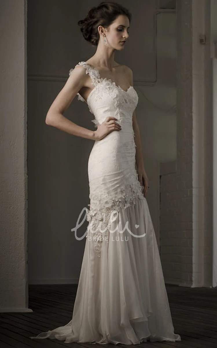 Sheath One-Shoulder Lace Wedding Dress with Pleats and Flowers