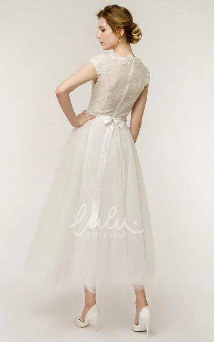 Cap Sleeve Tea-Length Lace Tulle A-Line Wedding Dress