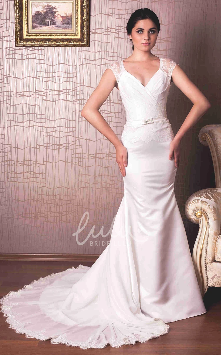 Cap-Sleeve Sheath Satin Wedding Dress V-Neck Floor-Length Lace