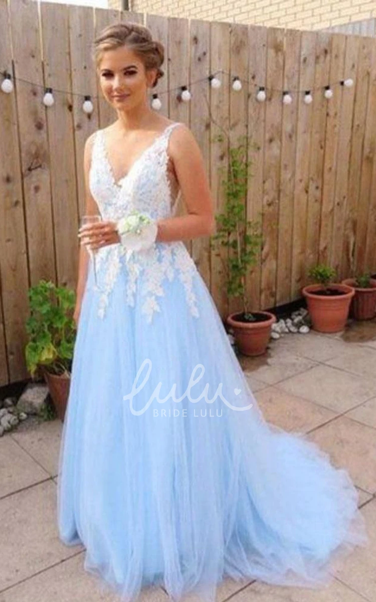 Tulle A-Line Prom Dress with Appliques Adorable and Low-V Back