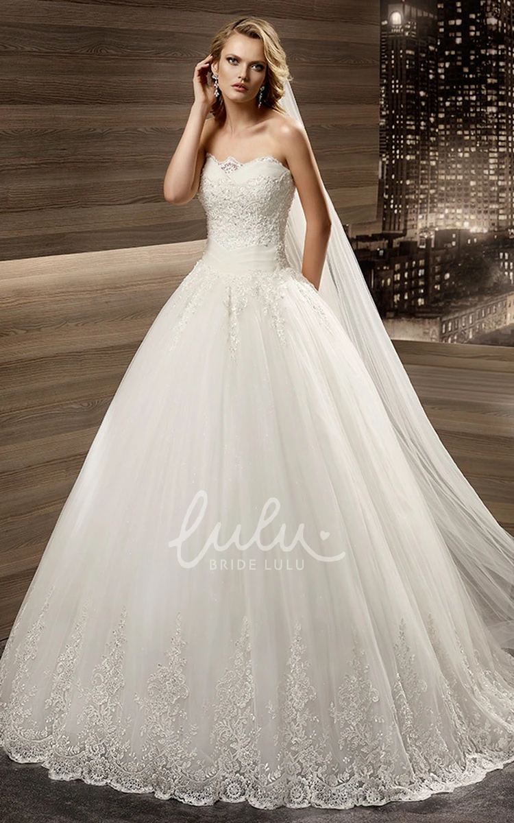 Applique A-Line Bridal Gown with Pleated Waist and Lace-Up Back
