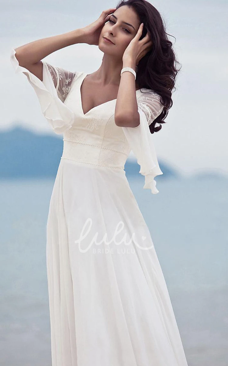 Casual Half Sleeve A-Line Wedding Dress with V-Neck and Chiffon Lace