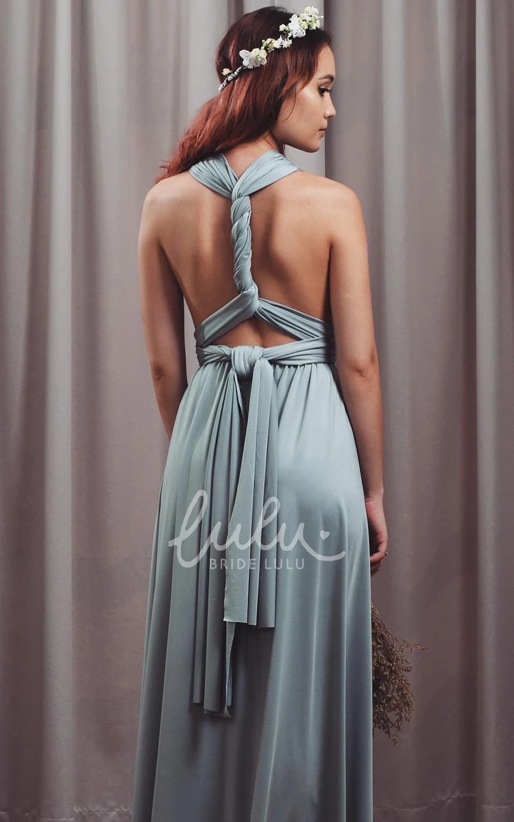 Convertible Halter Neckline A Line Bridesmaid Dress with Open Back and Sash Romantic Jersey