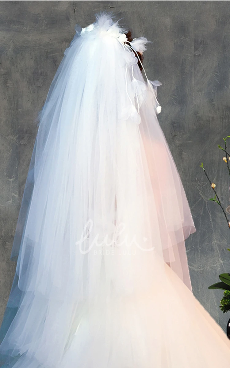 Handmade Tulle Wedding Veil with Draping Lines and Flowers Boho & Romantic Bridal Accessory