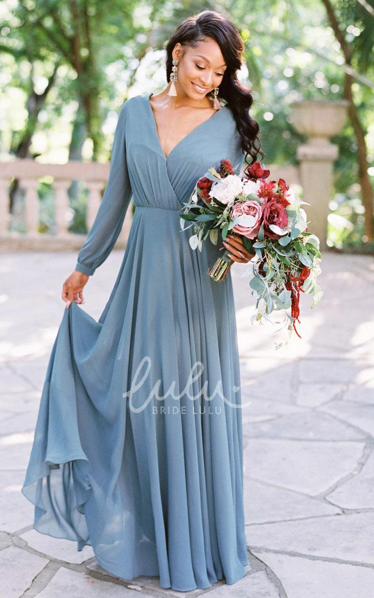 Chiffon Long Sleeve A-line Bridesmaid Dress with Ruching & Pleats Modern & Classy