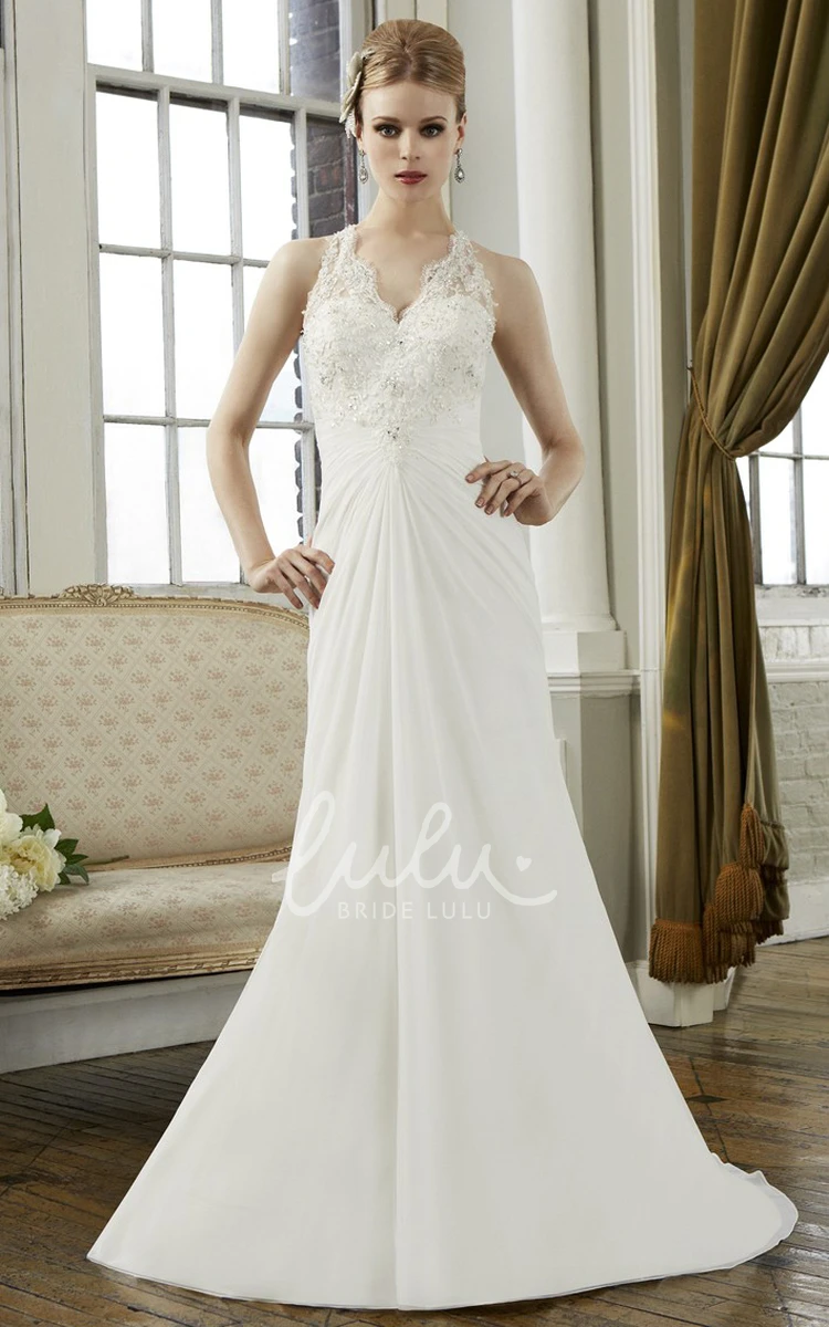 Chiffon Sleeveless V-Neck Sheath Wedding Dress With Illusion Back Flowy Bridal Gown