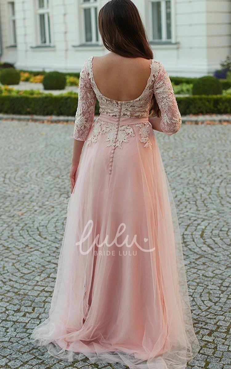 3/4 Sleeve Lace Tulle Formal Dress with Appliques Romantic Open Back Formal Dress