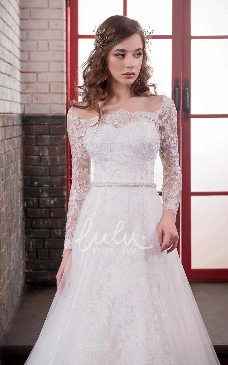 Lace Tulle A-Line Dress with Long Sleeves Bateau Neckline and Jeweled Waist