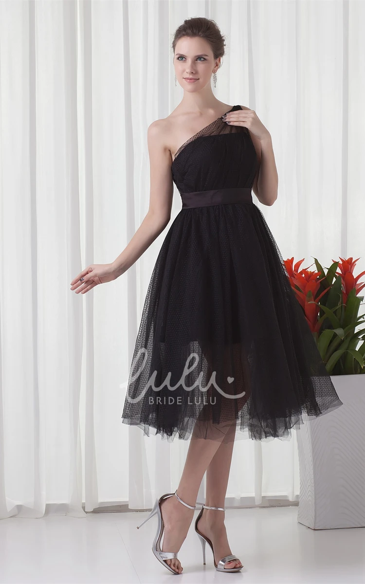 One-Shoulder Tulle A-Line Prom Dress Tea-Length Flowy Dress