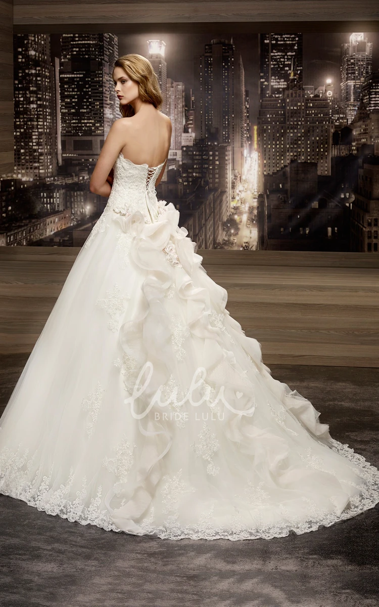 Lace-up Back A-line Wedding Dress with Strapless Appliques and Ruching Train Classy Bridal Gown