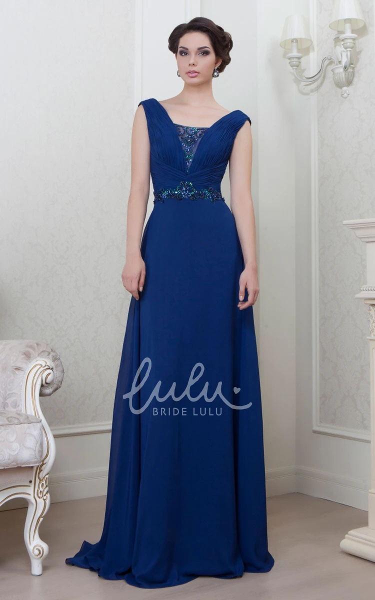 A-Line Ruched Chiffon Evening Dress + V-Neck + Beading + Flowy