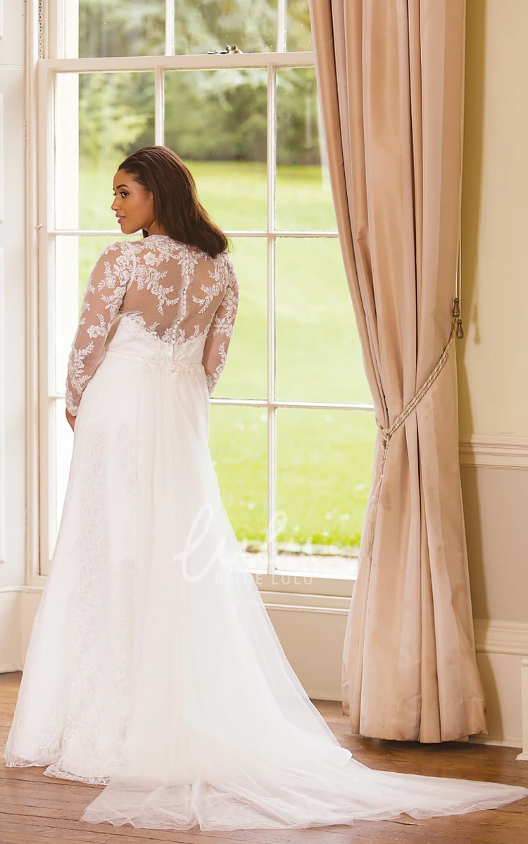 Plus Size Lace V-Neck Wedding Dress with Illusion Long-Sleeve