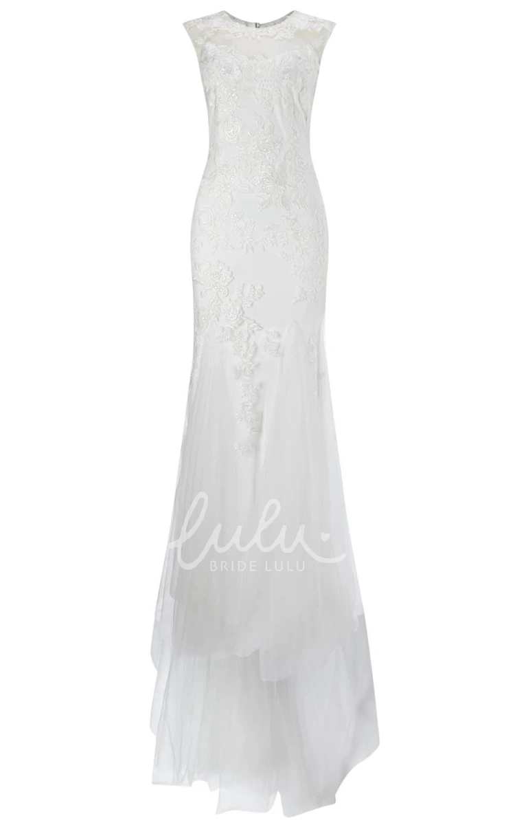Lace&Tulle Sheath Wedding Dress with V-Neck and Illusion Floor-Length