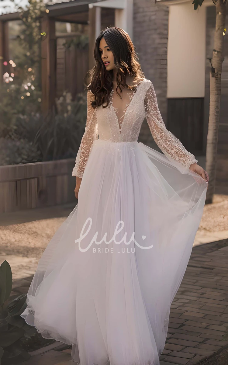 Elegant Sparkly Boho A-Line Sequins Long Sleeve Maxi Wedding Dress Spring Casual Plunging Neckline Floor Length Deep-V Back Tulle Bridal Gown