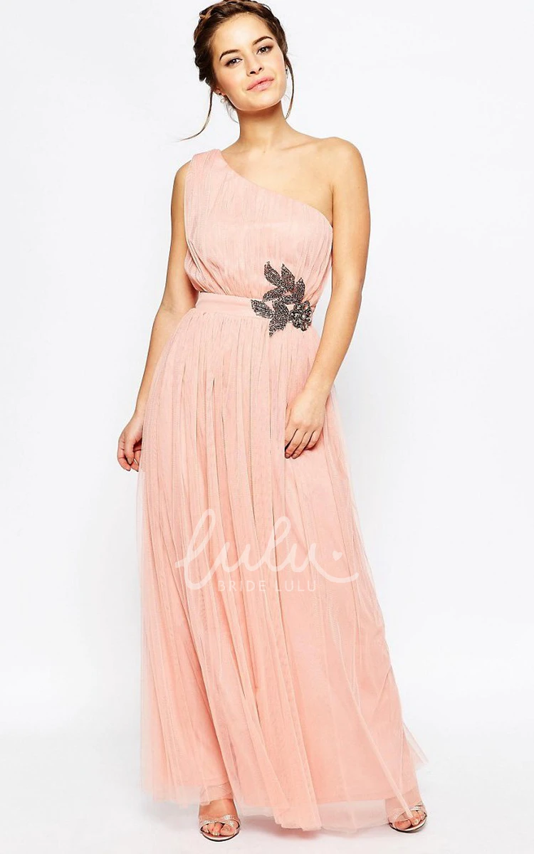 Crystal Tulle One-Shoulder Bridesmaid Dress Sleeveless