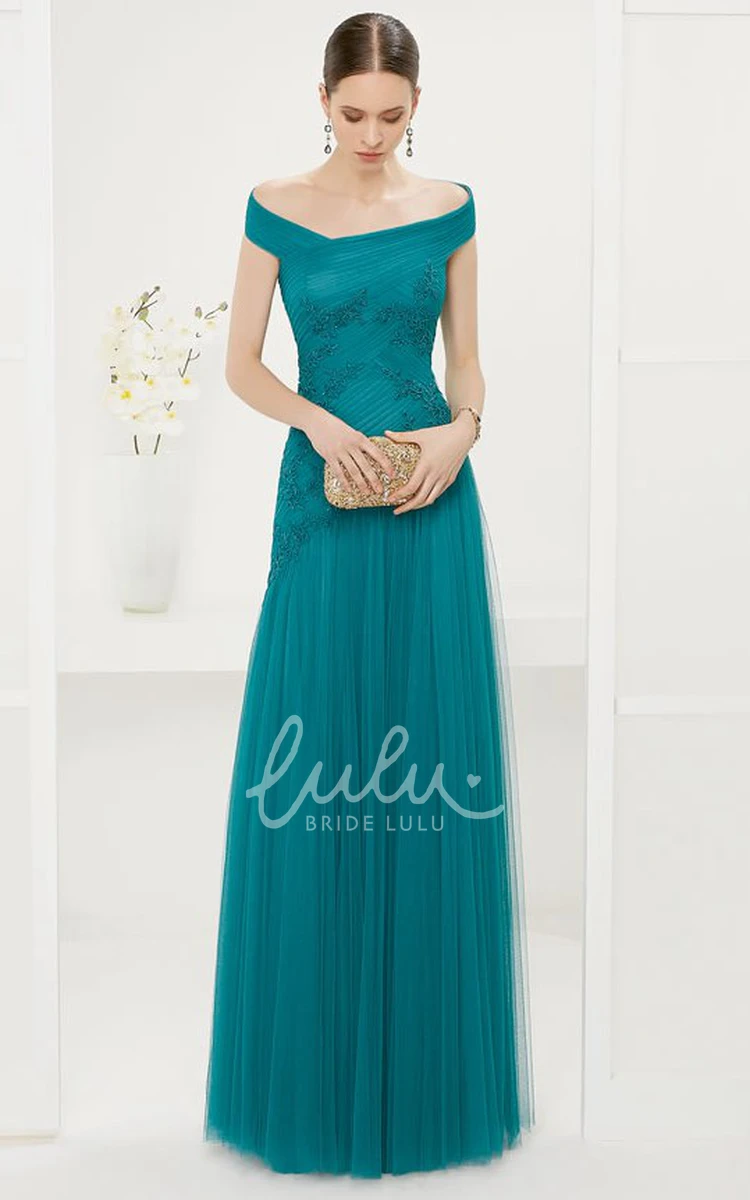 A-Line Tulle Prom Dress with Off-Shoulder and Pleats Long Formal Dress