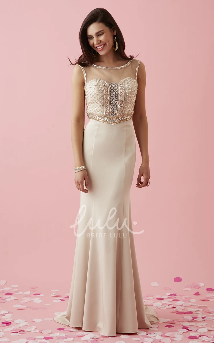 Illusion Sheath Jersey Prom Dress with Scoop-Neck and Beading