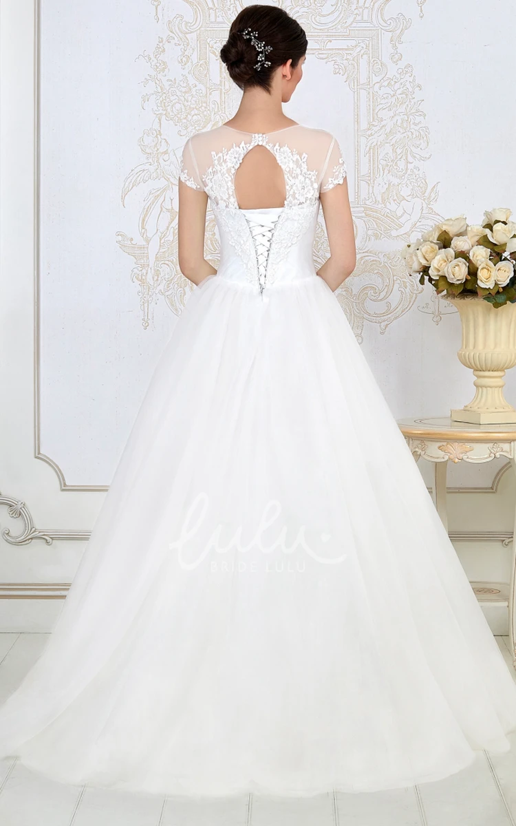 Long Sleeve Appliqued Tulle A-Line Wedding Dress Short-Sleeve and Scoop-Neck