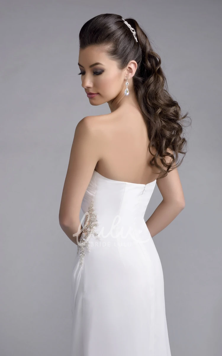 Strapless Sheath Chiffon Wedding Dress with Crystal Brooch and Side Draping Simple and Chic