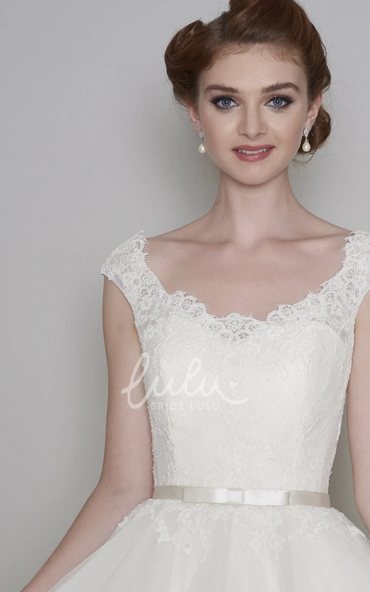 Vintage Lace V-neck Tea Length Wedding Dress with Cap Sleeves and Buttons