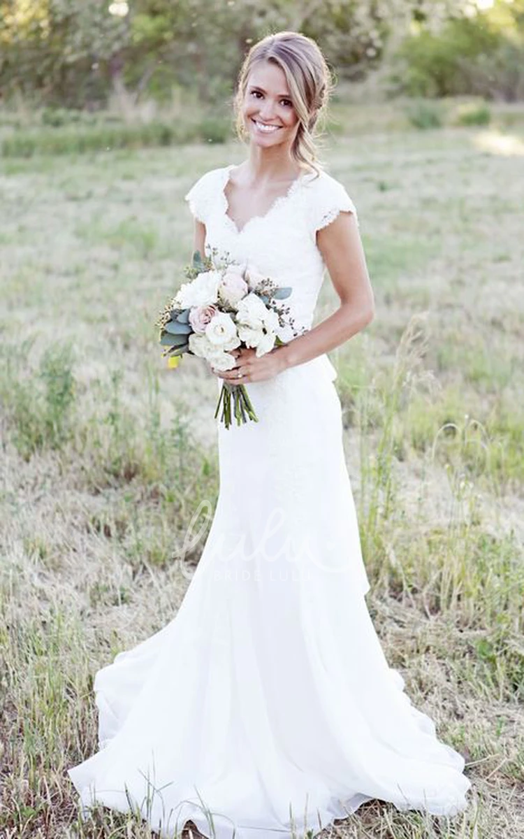 Sheath Chiffon Country Wedding Dress with Cap Sleeves and Lace Sash