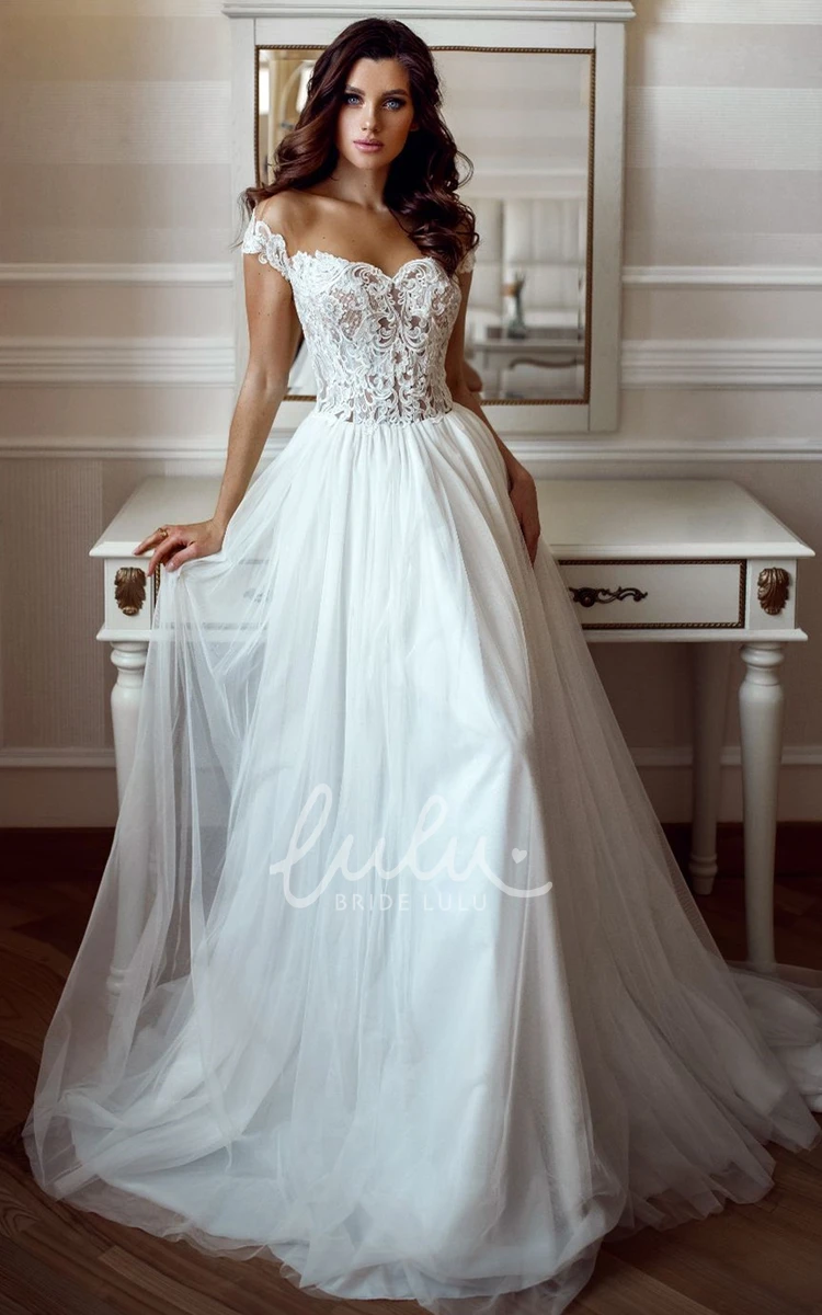 Off-the-shoulder Chiffon A Line Wedding Dress with Sweep Train Casual and Stylish