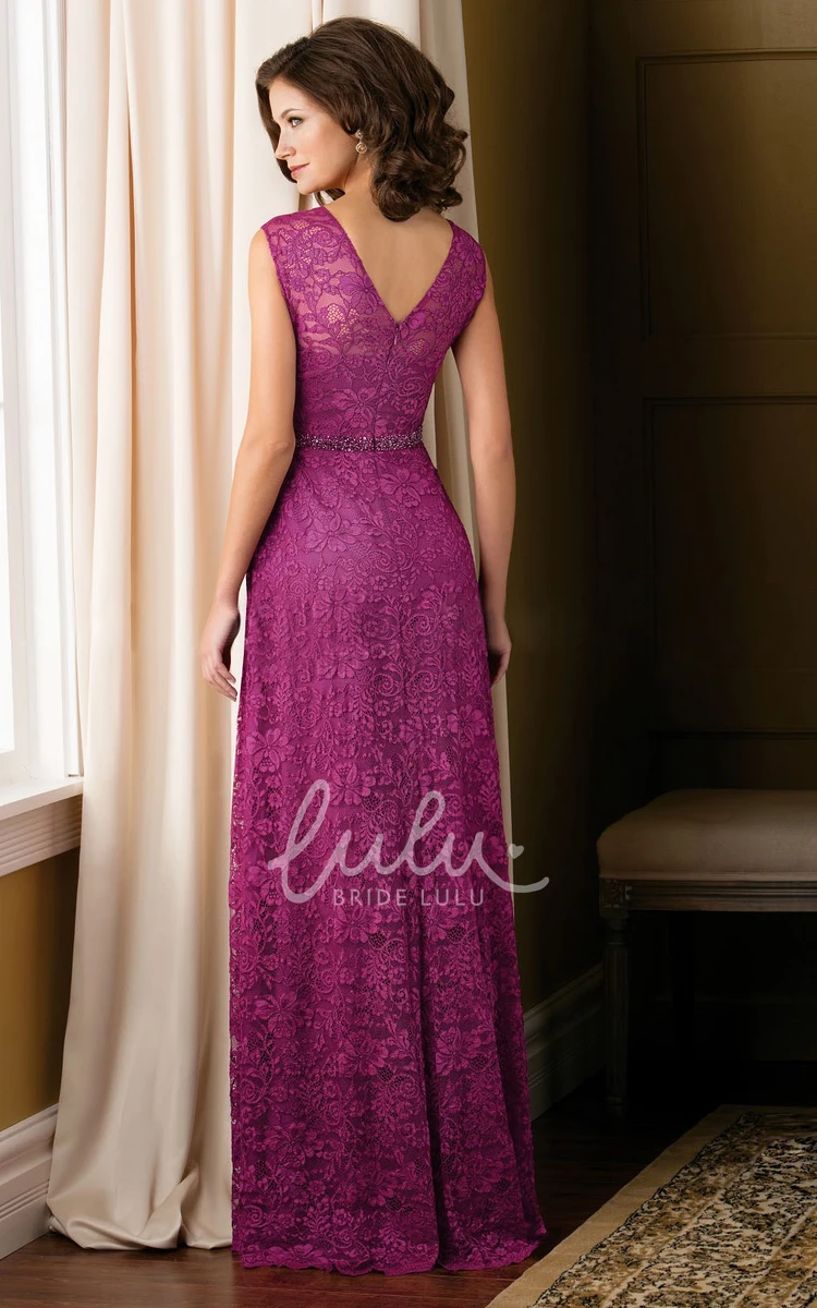 V-Back Lace Mother Of The Bride Dress with Beadings in Cap Sleeves