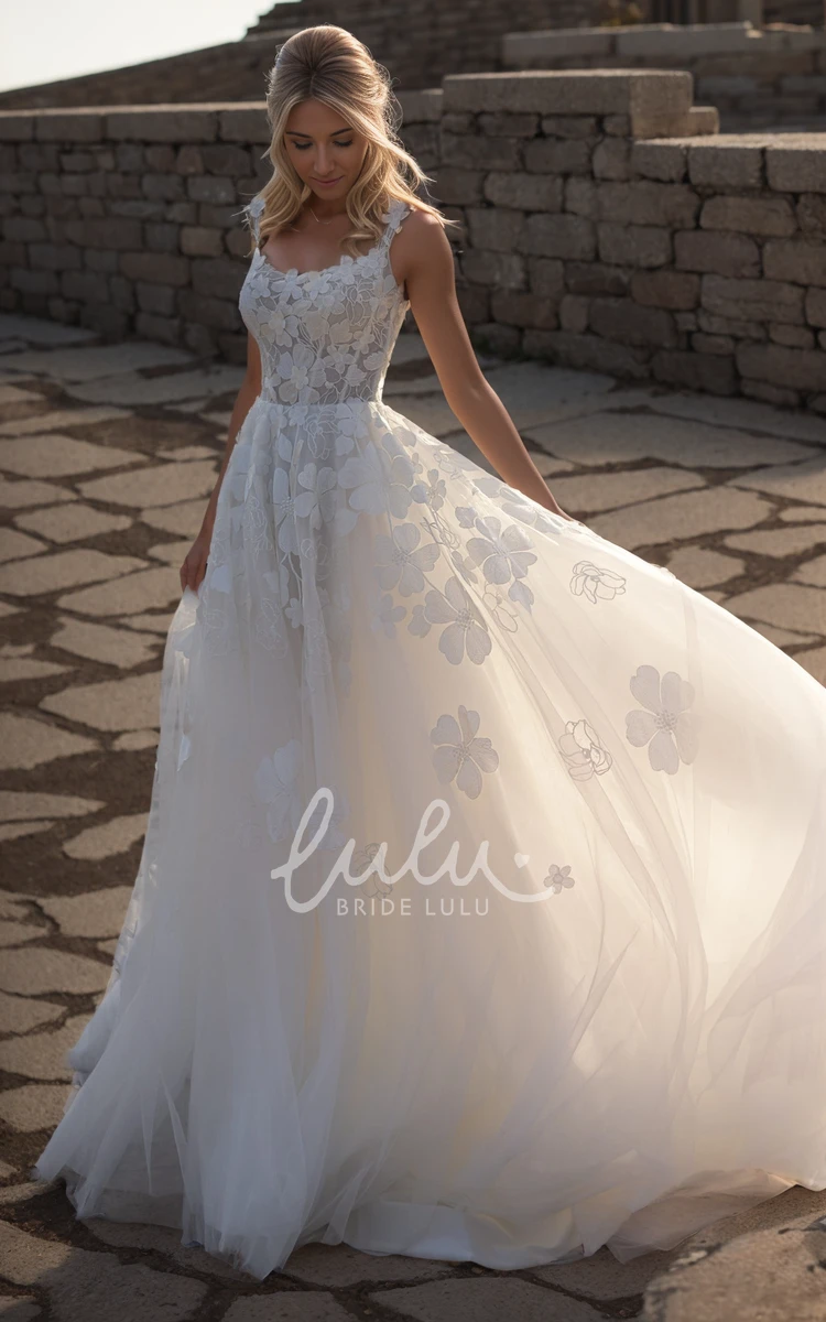 Elegant A-line Floral Lace Beach Wedding Dress Tulle Sleeveless Straps Train Gown