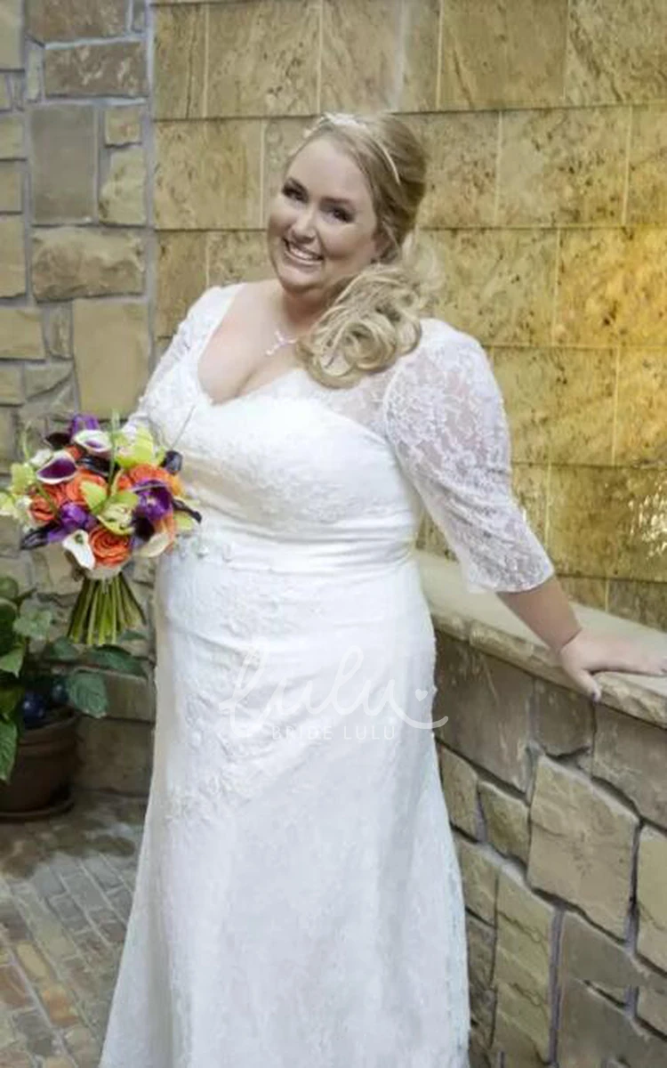 Plus Size Lace Wedding Dress with V-Neckline Long Sleeves and Lace-Up Back