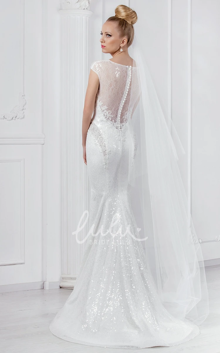 Sequined Lace Sheath Wedding Dress with Illusion Neckline