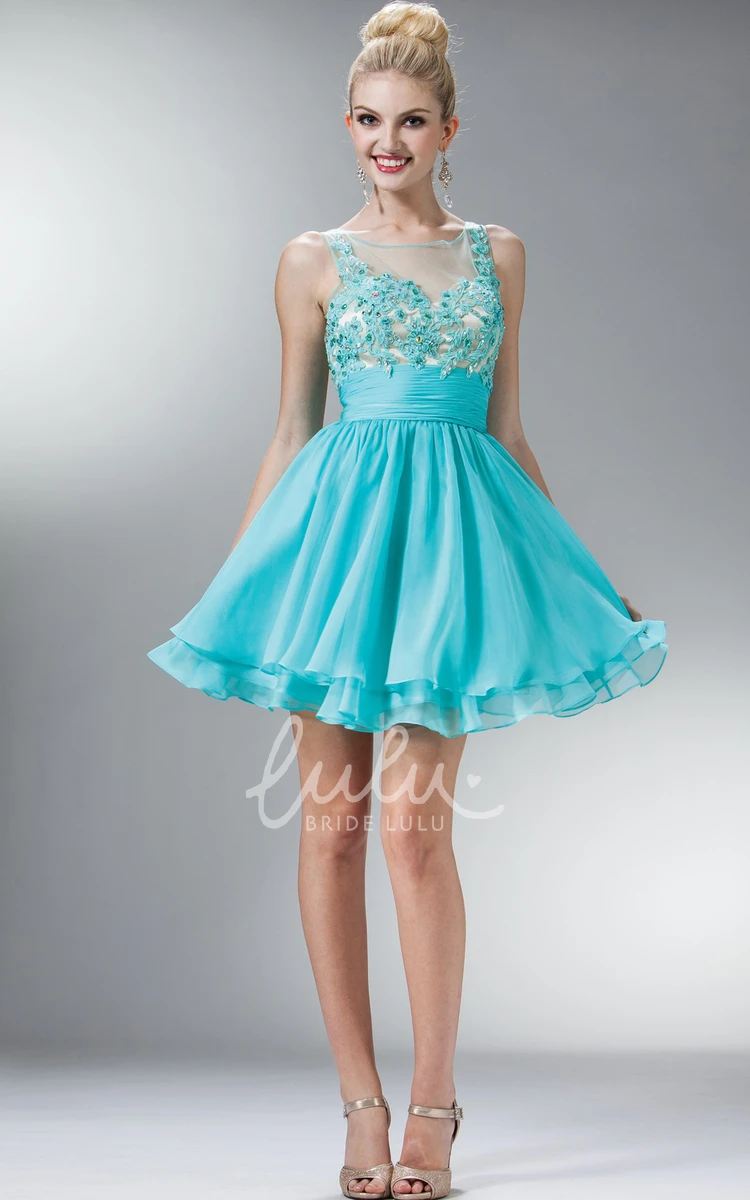 Bateau Chiffon A-Line Short Dress with Appliques and Tiers Formal Dress