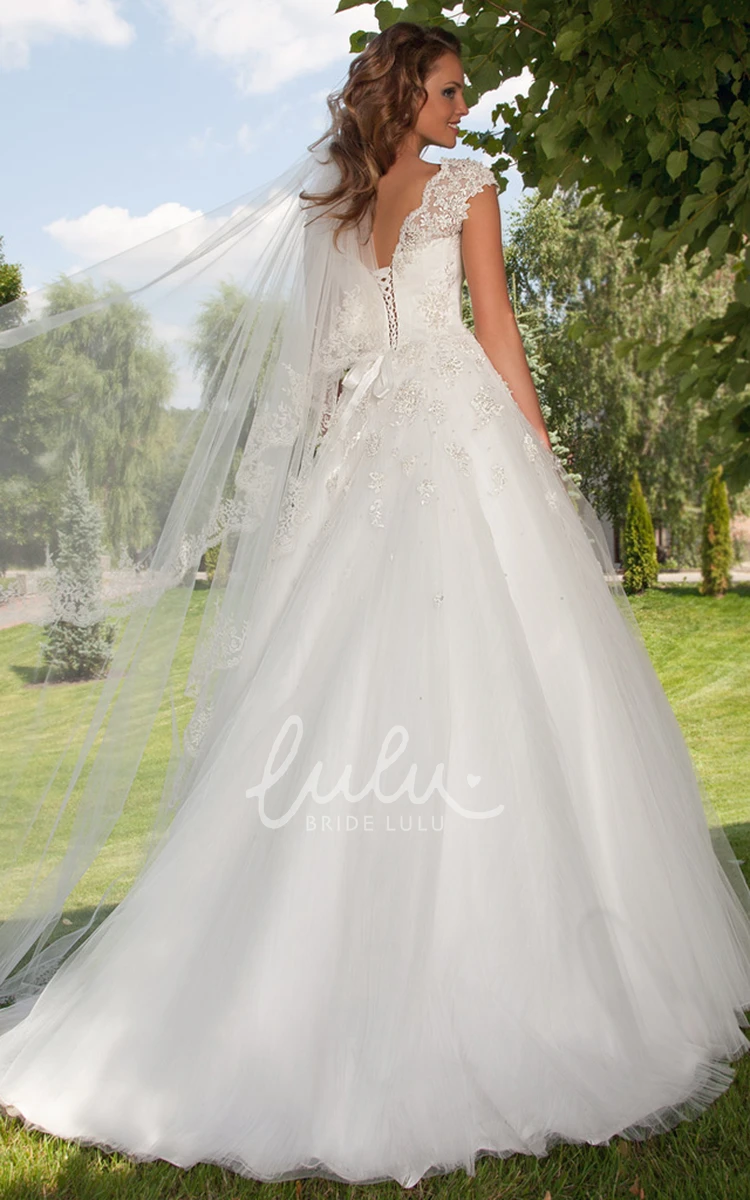 Bateau Neck Cap Sleeve Tulle Wedding Dress Ball Gown Floor-Length