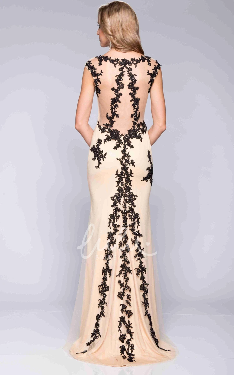 Appliqued Sheath Jersey Prom Dress with Bateau Neck and Side Slit Modern Formal Dress