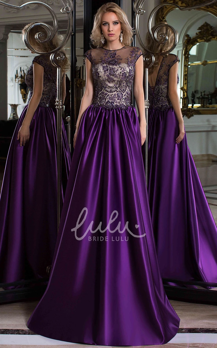 Satin A-Line Prom Dress with Cap Sleeves and Lace-Up Back