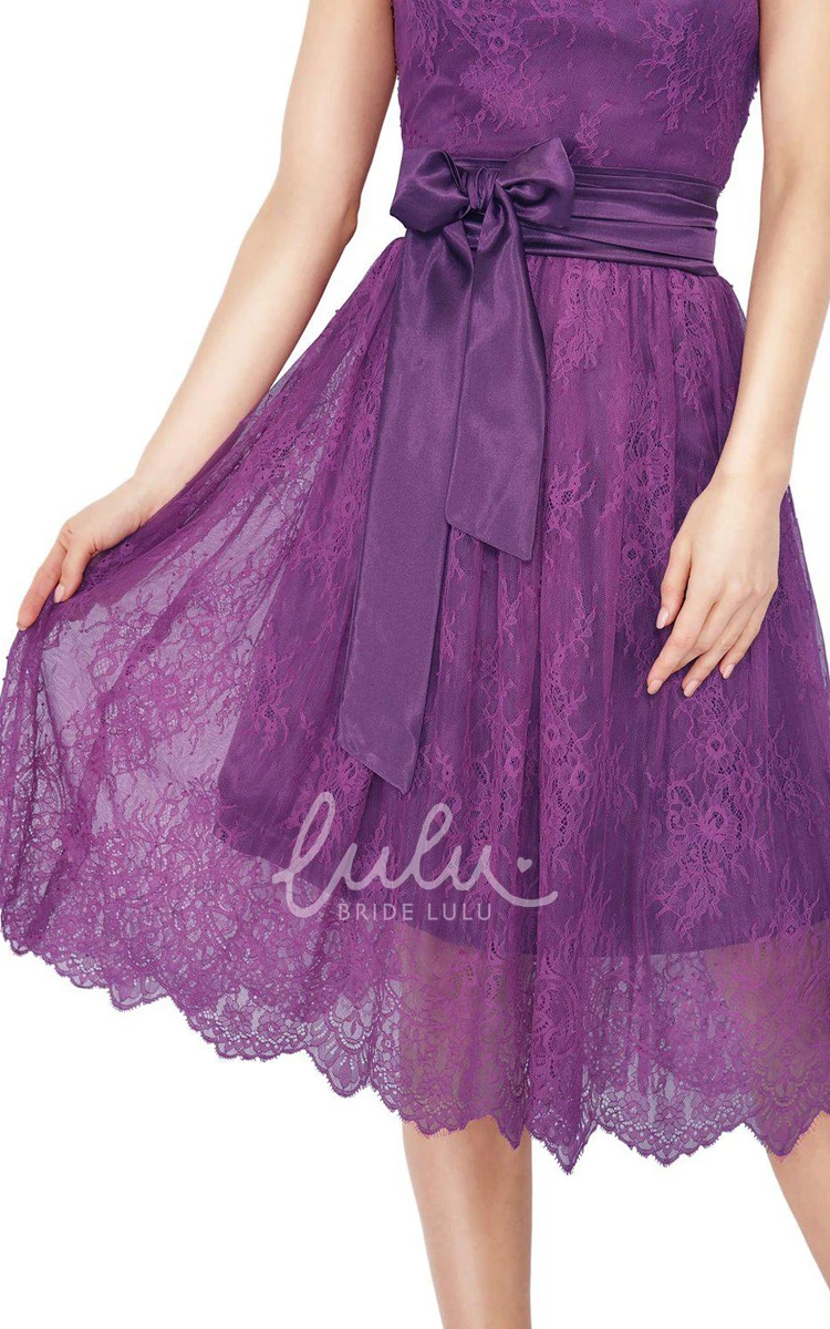 Lace and Bow Tea-length Dress with One-Shoulder Unique and Classy