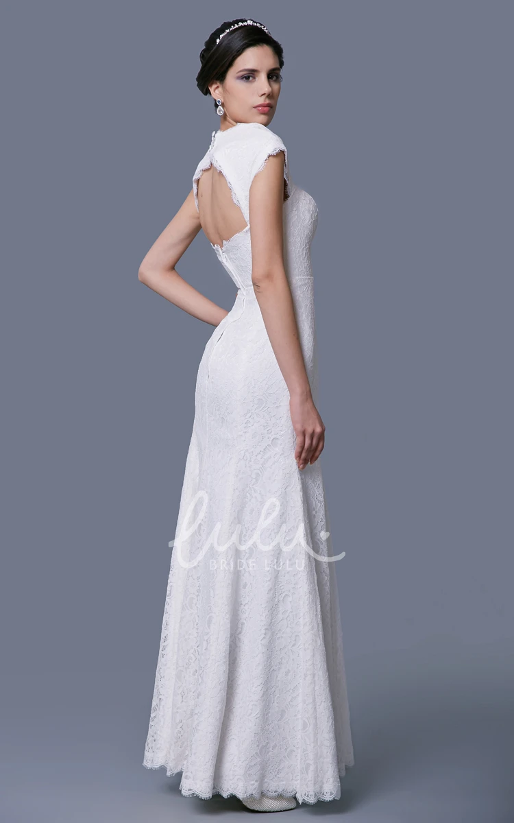 Lace Cap-Sleeved Sheath Wedding Dress with Square Neckline and Keyhole Back