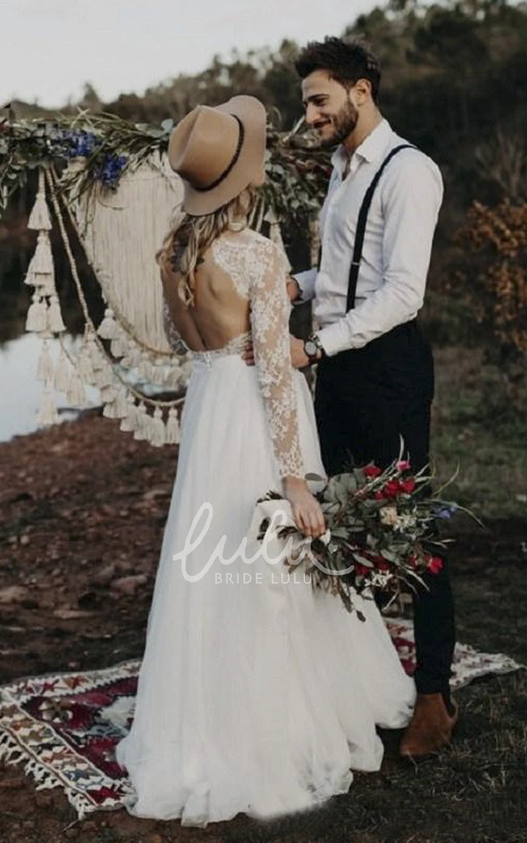 Elegant Lace and Tulle Wedding Dress with Long Sleeves and Keyhole