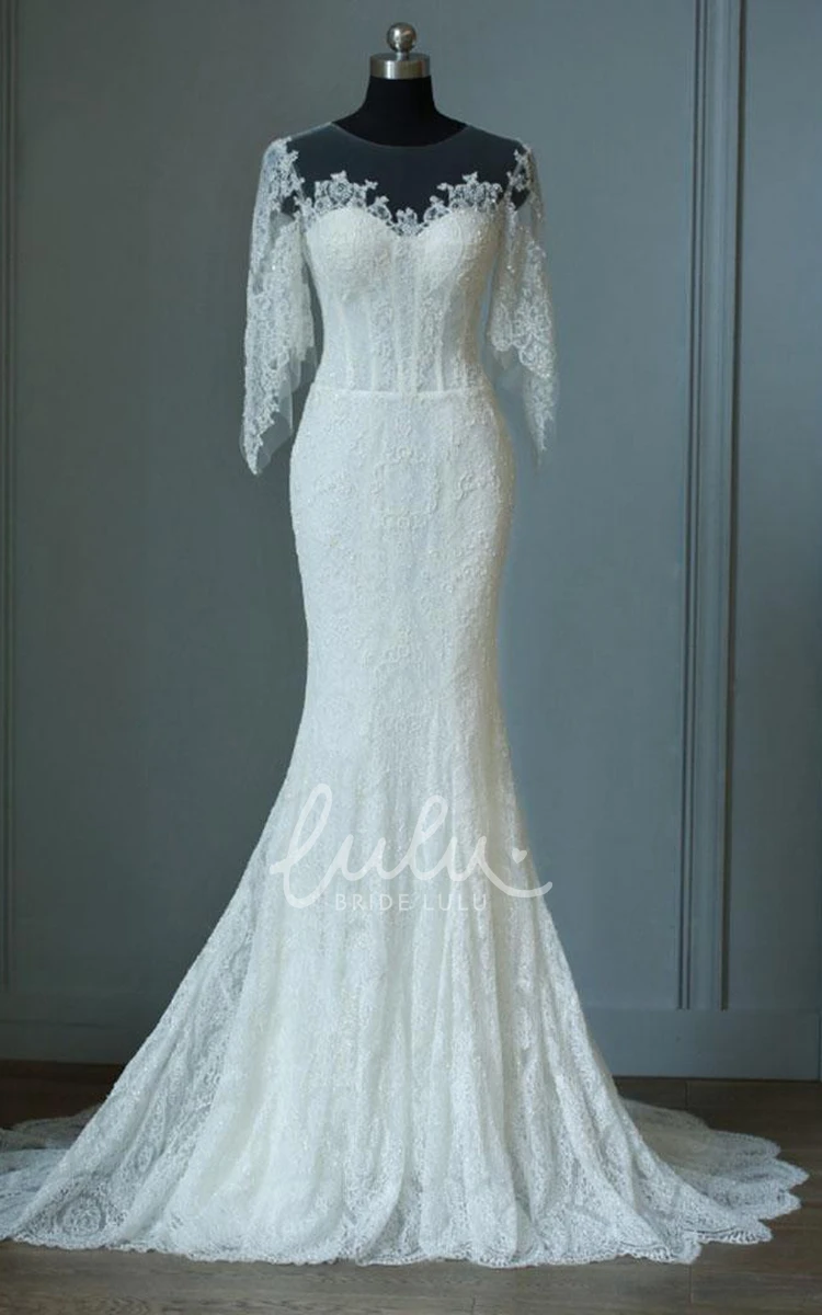 Half Sleeve Mermaid Lace Dress with Bell Skirt and Zipper Closure