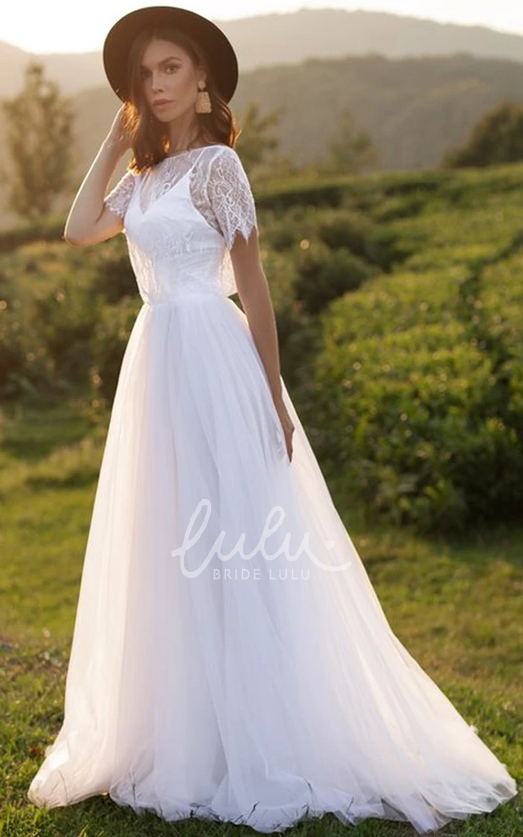 Elegant A-Line Lace Tulle Wedding Dress Short Sleeve Open Back