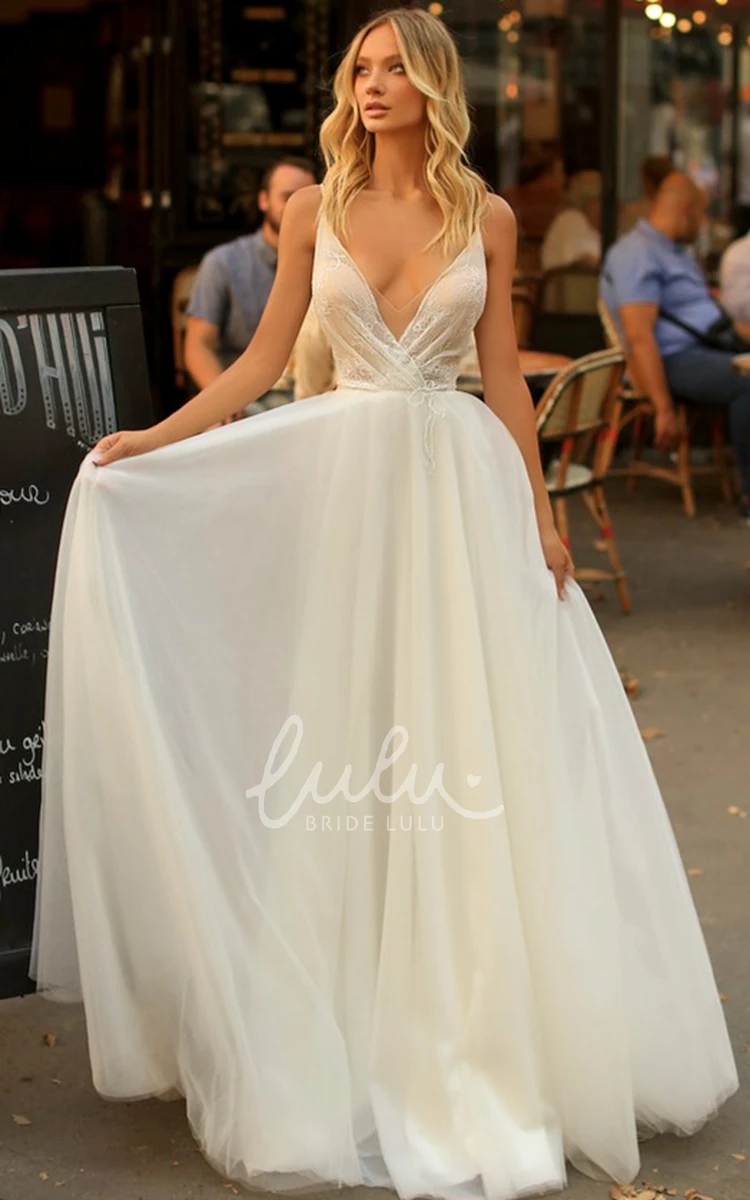 Romantic A Line Tulle Wedding Dress with Spaghetti Straps and Criss Cross Elegant Bridal Gown