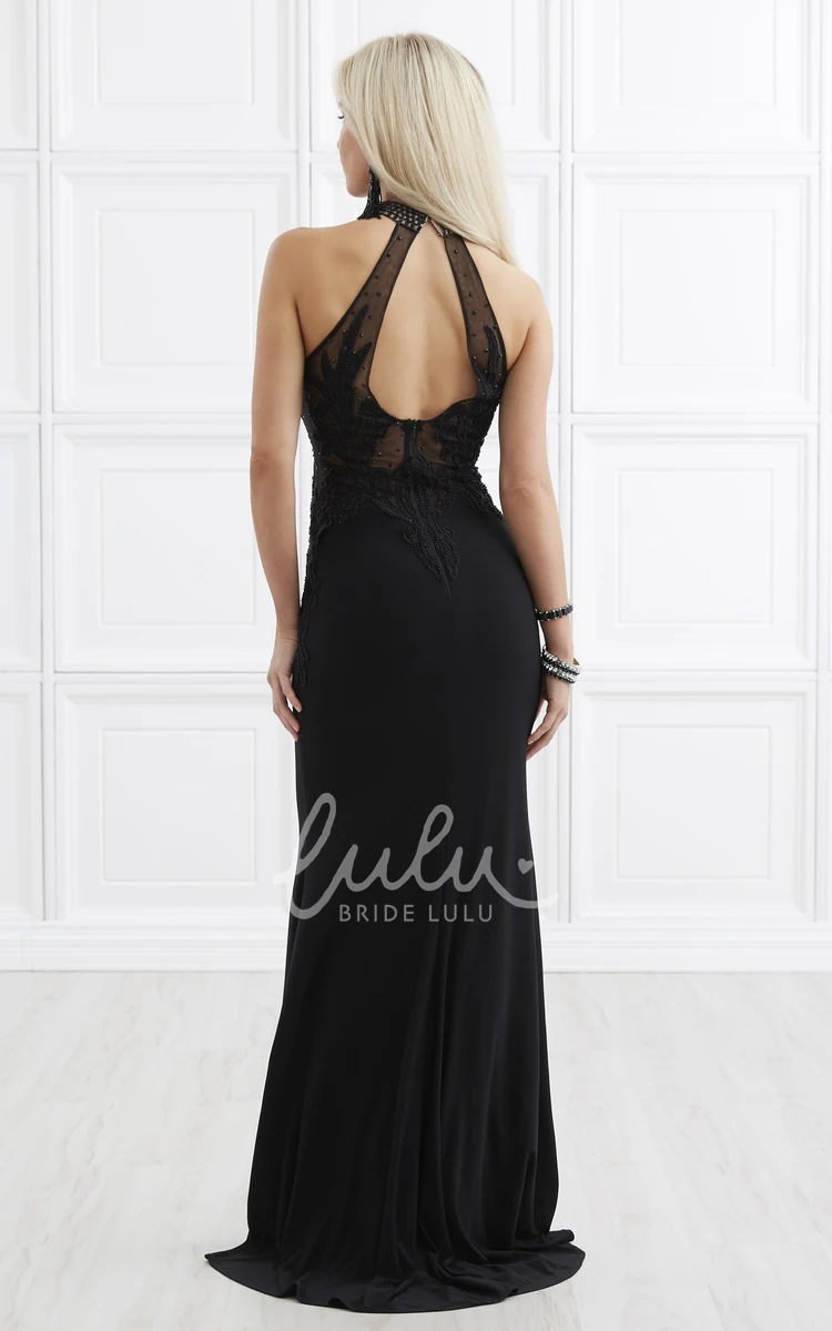 High Neck Sleeveless Sheath Formal Dress with Beading and Appliques in Jersey Fabric