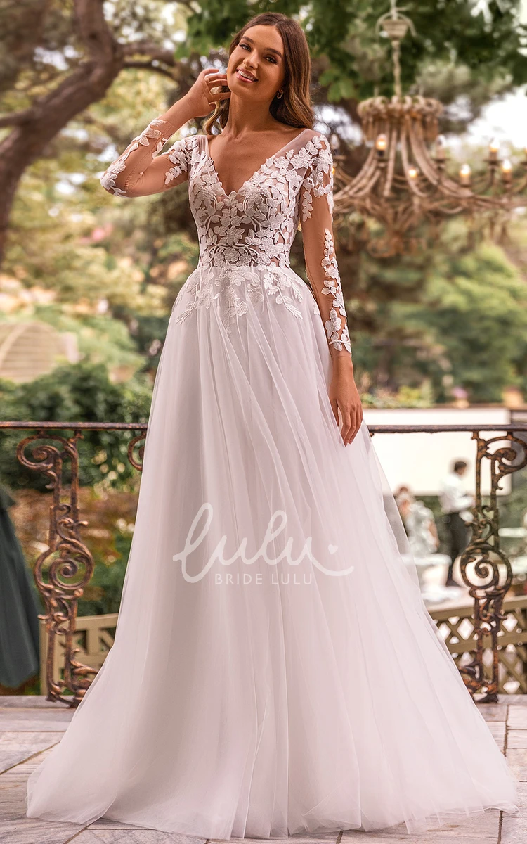 A-Line V-Neck Lace Tulle Wedding Dress with Long Sleeves and Appliques