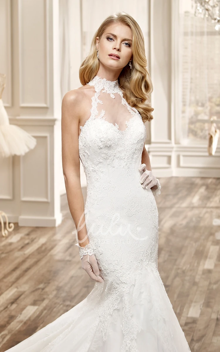Lace Mermaid Wedding Dress with High Neckline and Keyhole Back Elegant Bridal Gown