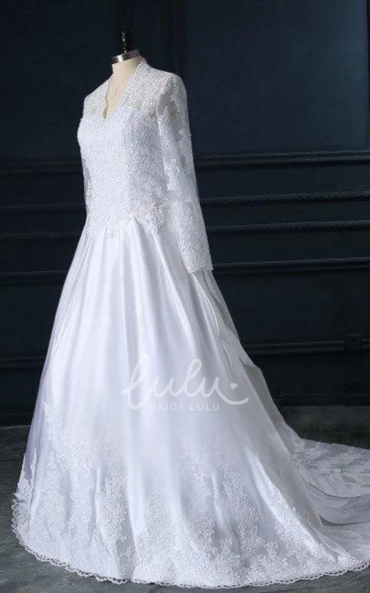 Lace V-Neck Long Sleeve Wedding Dress with Button Elegant 2024 Women's Gown