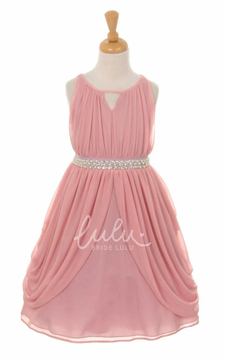 High Neck Pleated Chiffon Flower Girl Dress Tea-Length with Ribbon