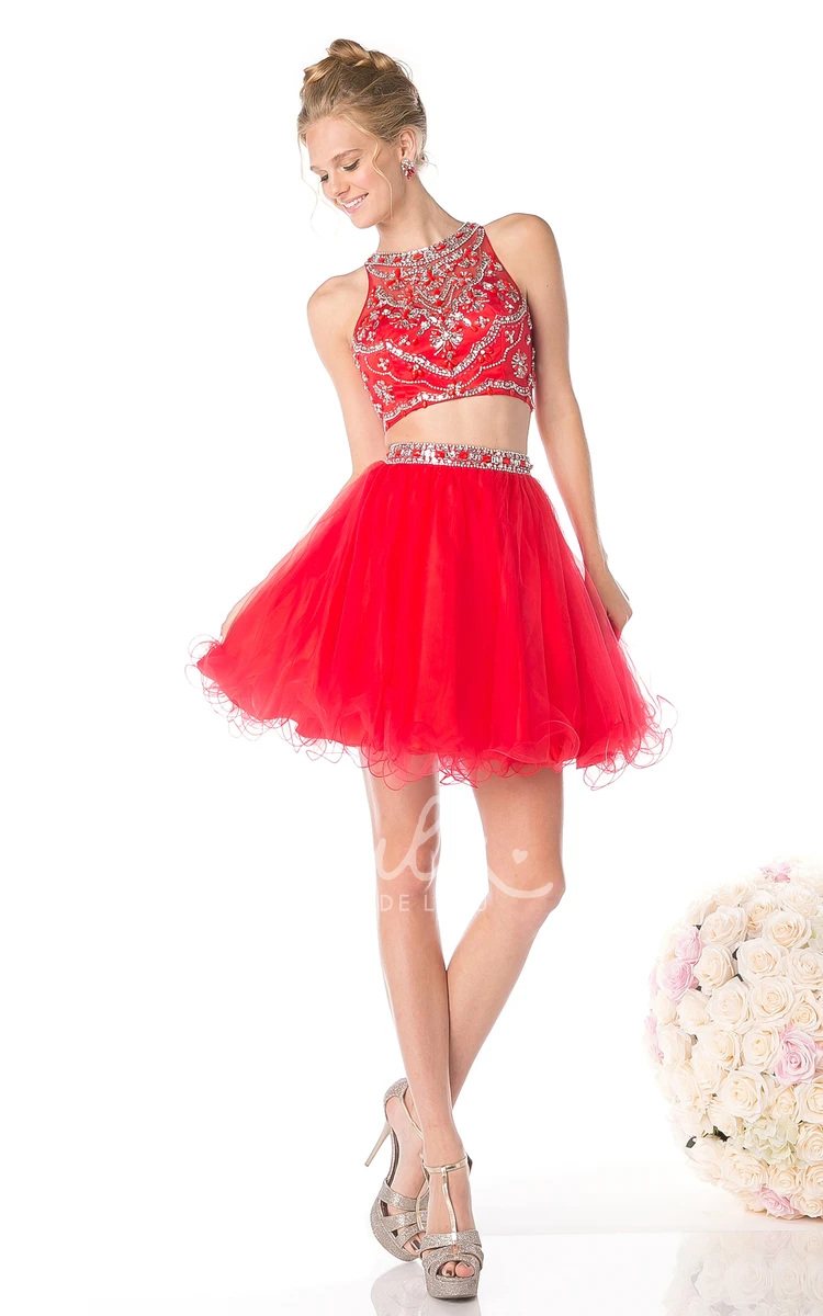 Short Sleeveless Tulle Illusion A-Line Formal Dress with Ruffles and Beading