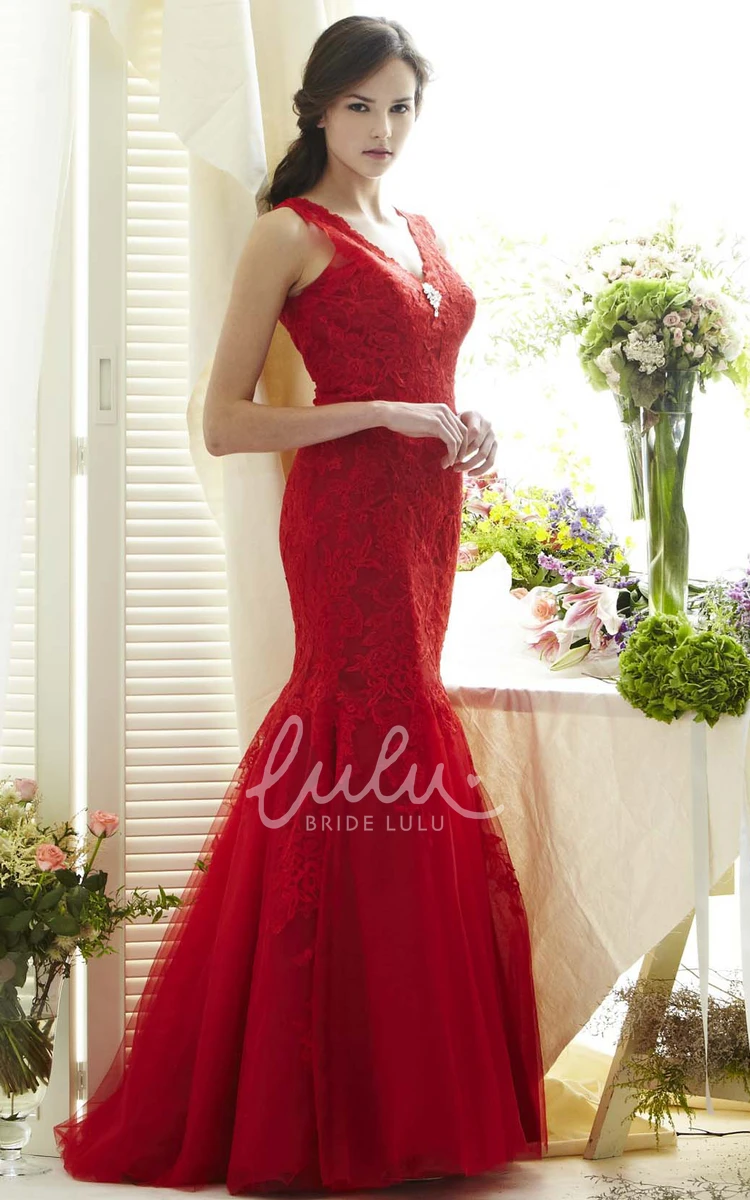 Mermaid V-Neck Lace Prom Dress with Broach and Low-V Back Unique Formal Dress