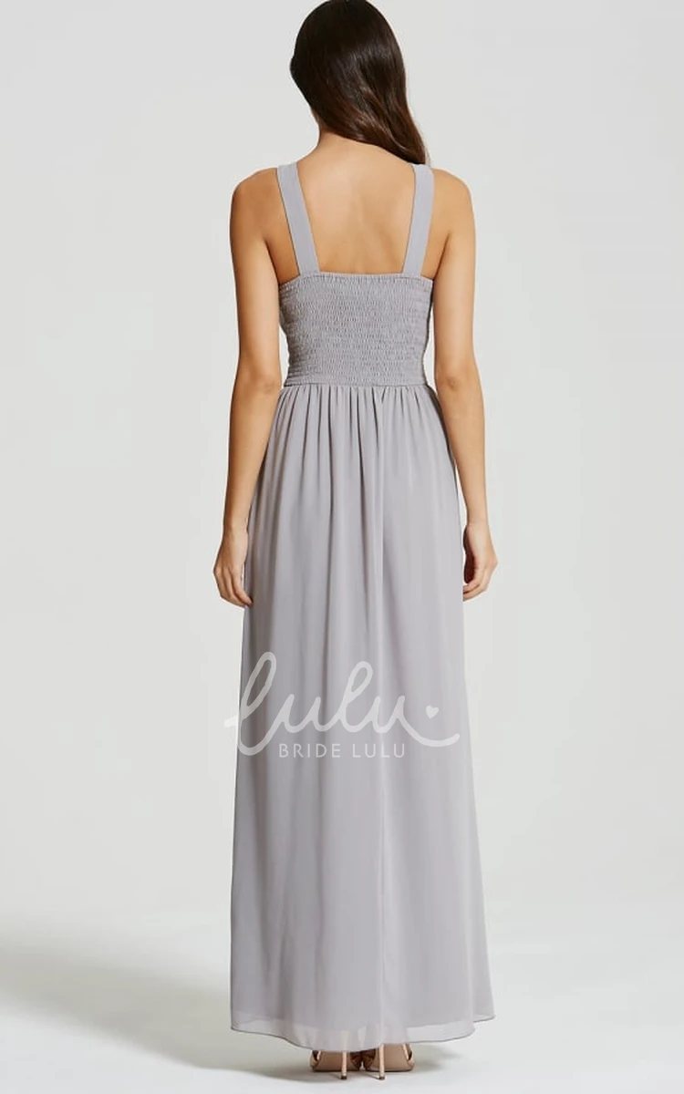 Sleeveless Chiffon Bridesmaid Dress with Straps Ruched Scoop Neck Ankle-Length