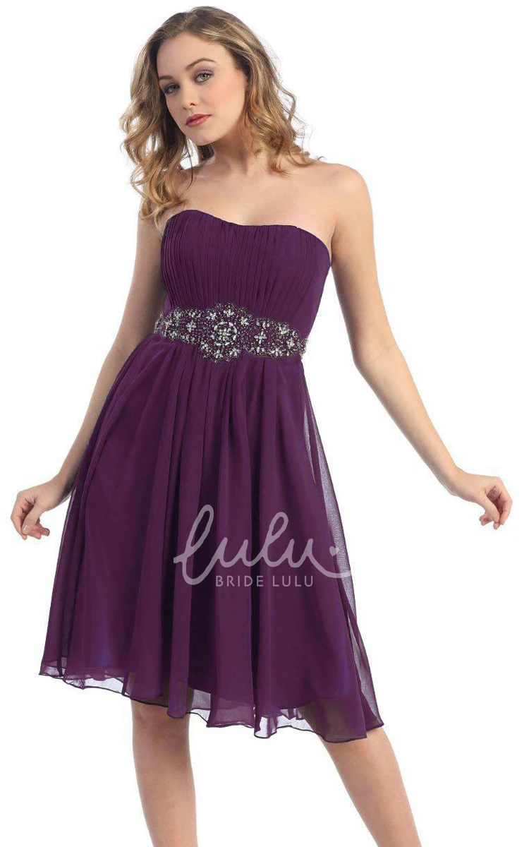 Knee-length A-line Bridesmaid Dress with Beaded Waist and Strapless Design