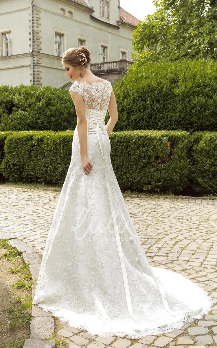 Lace Cap Sleeve Wedding Dress with Flower and Corset Back